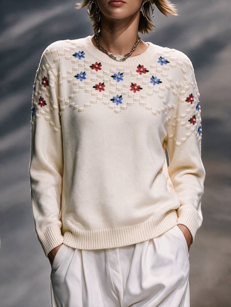 Omancia Apricot Drop‑Shoulder Popcorn Knit Sweater, Women Floral Embroidery Jumper - Apricot - View 5