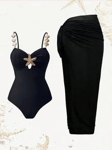 Bonvoyette 2026 New Shell Print One-Piece Conservative Tummy Control Beach Swimsuit 2 Pieces Set - Black - View 6