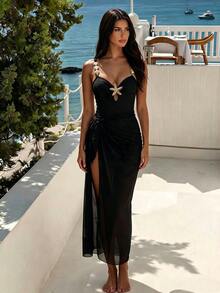 Bonvoyette 2026 New Shell Print One-Piece Conservative Tummy Control Beach Swimsuit 2 Pieces Set - Black - View 3