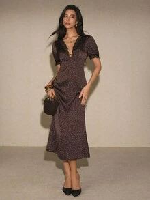 Poéselle 女款棕色與白色波點中長洋裝，蕾絲飾邊深V領短泡泡袖緞面貼身洋裝，適合晚餐約會度假夏季法式優雅 - 棕色 - 查看 4
