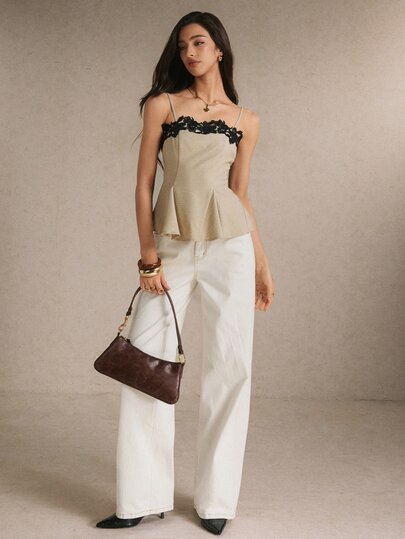Poéselle Women's Beige Lace Trim Peplum Cami Top – Fitted Spaghetti Strap Corset-Inspired Tank Summer Tops Elegant Women's Blouses Peplum Top Chic Top