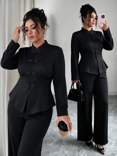 Elenzga Elegant Chinese Knot Stand Collar Peplum Blazer & Wide Leg Pants 2 Pieces Outfit, Formal Party Black Matching Suit Fall