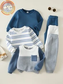 男女嬰兒/幼兒 3套組 秋冬保暖內裡加厚休閒可愛拼色拼接運動衫套裝 多件式 嬰兒運動服 冬季衣物 - 霧霾藍 - 查看 3