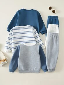 男女嬰兒/幼兒 3套組 秋冬保暖內裡加厚休閒可愛拼色拼接運動衫套裝 多件式 嬰兒運動服 冬季衣物 - 霧霾藍 - 查看 2