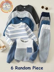 男女嬰兒/幼兒 3套組 秋冬保暖內裡加厚休閒可愛拼色拼接運動衫套裝 多件式 嬰兒運動服 冬季衣物 - 霧霾藍 - 查看 1