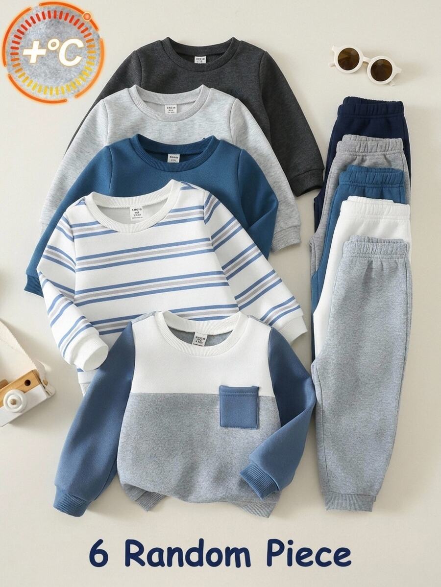 男女嬰兒/幼兒 3套組 秋冬保暖內裡加厚休閒可愛拼色拼接運動衫套裝 多件式 嬰兒運動服 冬季衣物 - 霧霾藍 - 查看 1