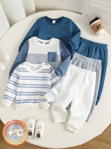 男女嬰兒/幼兒 3套組 秋冬保暖內裡加厚休閒可愛拼色拼接運動衫套裝 多件式 嬰兒運動服 冬季衣物 - 霧霾藍 - 查看 4