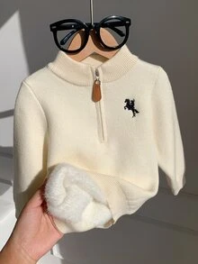 SHEIN 中性嬰兒男/女童、幼兒秋冬保暖內裡加厚立領半鈕扣開襟針織衫，保暖、加厚 - 杏色 - 查看 3