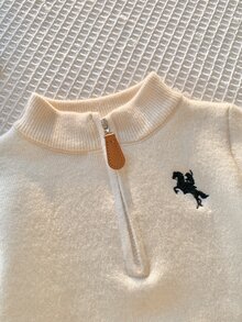 SHEIN 中性嬰兒男/女童、幼兒秋冬保暖內裡加厚立領半鈕扣開襟針織衫，保暖、加厚 - 杏色 - 查看 7