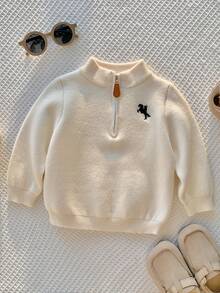 SHEIN 中性嬰兒男/女童、幼兒秋冬保暖內裡加厚立領半鈕扣開襟針織衫，保暖、加厚 - 杏色 - 查看 4
