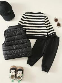 SHEIN 中性嬰兒男孩/女孩幼兒 3 件組秋冬加厚搖粒絨外套套裝，條紋衛衣、燈芯絨長褲與棉墊背心，嬰兒冬季衣物，搖粒絨加厚 - 黑色 - 查看 2