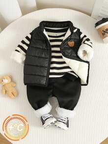 SHEIN 中性嬰兒男孩/女孩幼兒 3 件組秋冬加厚搖粒絨外套套裝，條紋衛衣、燈芯絨長褲與棉墊背心，嬰兒冬季衣物，搖粒絨加厚 - 黑色 - 查看 1