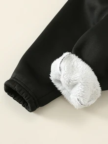 SHEIN 中性嬰兒男孩/女孩幼兒 3 件組秋冬加厚搖粒絨外套套裝，條紋衛衣、燈芯絨長褲與棉墊背心，嬰兒冬季衣物，搖粒絨加厚 - 黑色 - 查看 8