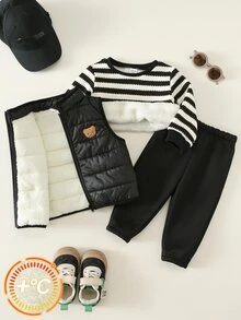 SHEIN 中性嬰兒男孩/女孩幼兒 3 件組秋冬加厚搖粒絨外套套裝，條紋衛衣、燈芯絨長褲與棉墊背心，嬰兒冬季衣物，搖粒絨加厚 - 黑色 - 查看 3