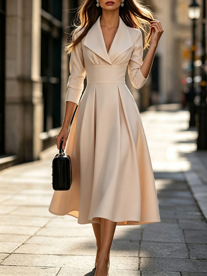 SHEIN Women's Elegant Casual Work Dress Cream Suit Collar 3/4 Length Sleeves High Waist Solid Pleated Full Flare Skirt Light Simple French Daily Commuter