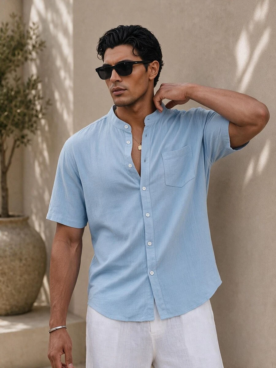 SIGLOCORE Men's Cotton Short Sleeve Shirt Casual Breathable Mandarin Collar Button Down Summer Beach Shirt Light Blue - Blue - View 1