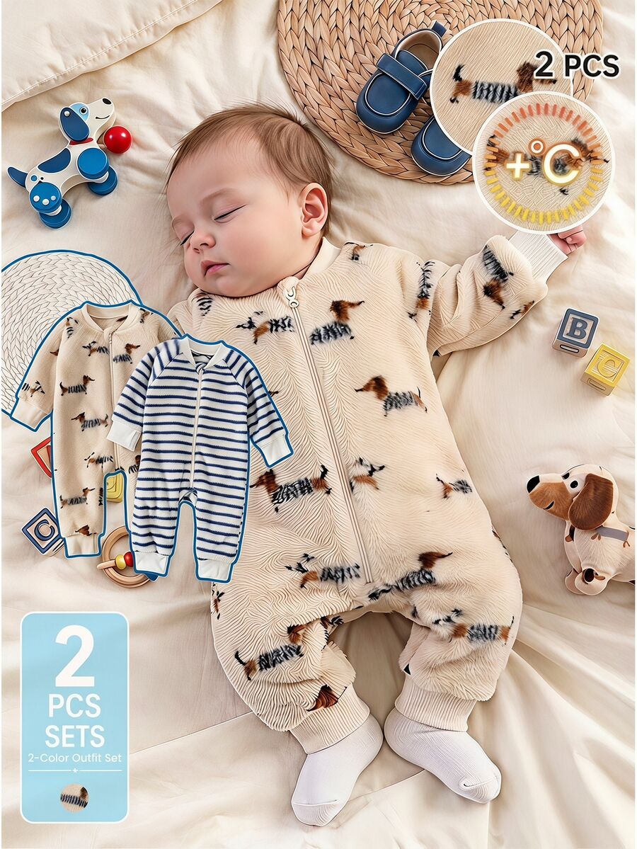 SHEIN Playful Pals Baby Plush Fleece Bear Print & Solid Zipper Jumpsuit Romper 2Pcs Pack For Autumn Winter - Blue - View 1