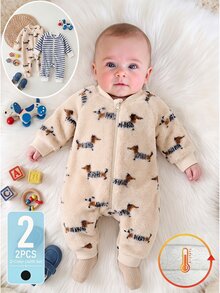 SHEIN Playful Pals Baby Plush Fleece Bear Print & Solid Zipper Jumpsuit Romper 2Pcs Pack For Autumn Winter - Blue - View 3