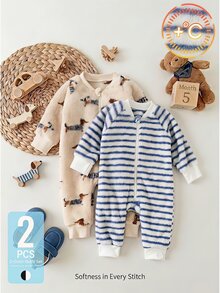 SHEIN Playful Pals Baby Plush Fleece Bear Print & Solid Zipper Jumpsuit Romper 2Pcs Pack For Autumn Winter - Blue - View 4