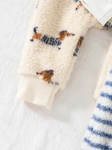 SHEIN Playful Pals Baby Plush Fleece Bear Print & Solid Zipper Jumpsuit Romper 2Pcs Pack For Autumn Winter - Blue - View 6