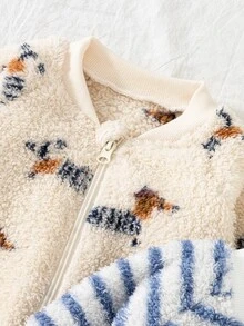 SHEIN Playful Pals Baby Plush Fleece Bear Print & Solid Zipper Jumpsuit Romper 2Pcs Pack For Autumn Winter - Blue - View 5