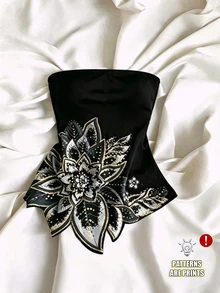 SHEIN Franclia 女款新款法式奢華黑色底金花無肩帶修身顯身材不對稱短版上衣 - 黑色 - 查看 1