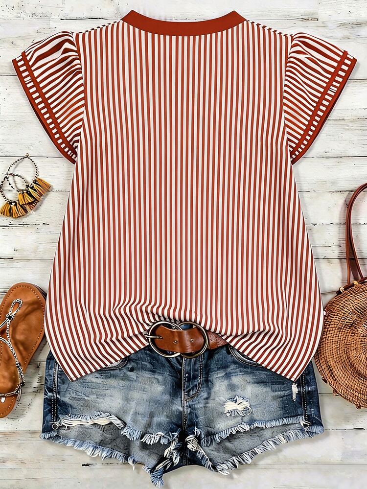 Yunfilé Women's Casual Boho Striped V-Neck Top, Orange And White, Short Puff Sleeves Trim, Loose Fit, Summer, Brunch Vacation - Burnt Orange - View 2