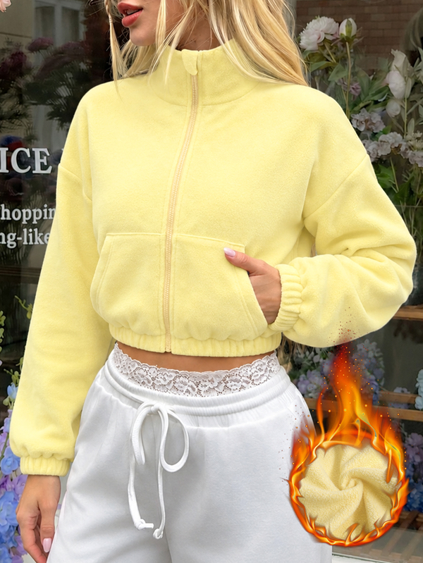 SHEIN Sovereign Charm Women's Autumn/Winter Sports Jacket, Macaron Yellow Lamb Fleece Fabric, Colorblock Full Zip, Long Sleeve, Front Pockets, Loose Fit, Fashionable Versatile, Suitable For Daily Casual, Running, Yoga, Gym, Tennis, Golf, Cycling