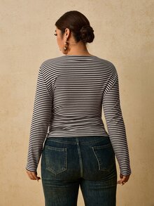 Travachic Plus Size Women's Bohemian Vintage Autumn/Winter Striped Long Sleeve T-Shirt Fall - Multicolor - View 2