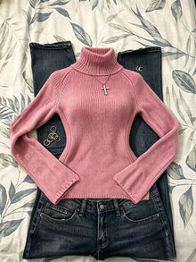Elamini Pink High Neck Slim Fit Flattering Fashion Urban Commute Elegant Beautiful Vintage Bell Sleeve Pullover Sweater For Women - Pink - View 3