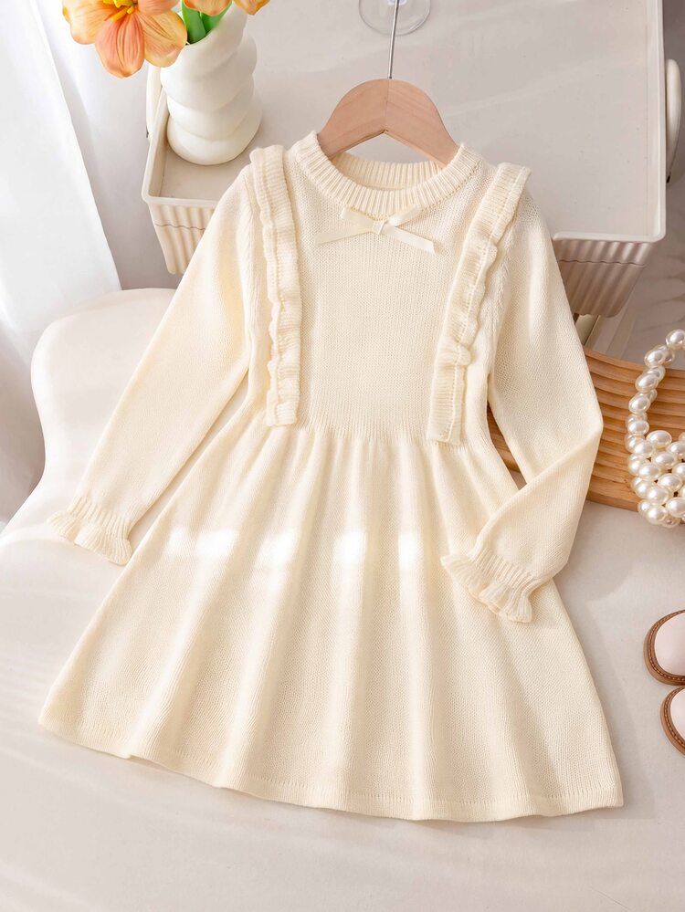 SHEIN Autumn/Winter Girls' Vintage Lace Round Neck Cinched Waist A-Line Skirt 3D Bow Long Sleeve Sweater Dress, Soft And Comfortable, Suitable For Daily Wear, Outings, Travel, Vacation, Home, Childcare And Various Occasions, Also Suitable For Autumn/Winter Season, Christmas, Back To School, Party And Other Occasions, Versatile Clothing For Spring/Autumn/Winter Three Seasons - White - View 2