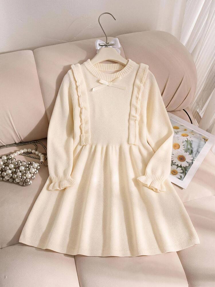 SHEIN Autumn/Winter Girls' Vintage Lace Round Neck Cinched Waist A-Line Skirt 3D Bow Long Sleeve Sweater Dress, Soft And Comfortable, Suitable For Daily Wear, Outings, Travel, Vacation, Home, Childcare And Various Occasions, Also Suitable For Autumn/Winter Season, Christmas, Back To School, Party And Other Occasions, Versatile Clothing For Spring/Autumn/Winter Three Seasons - White - View 9