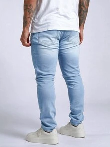 ROMWE MEN Casual بنطلون جينز رجالي مقاس كبير كاجوال متعدد الاستخدامات للاستخدام اليومي مع جيوب وأزرار - أزرق فاتح - مشاهدة 3