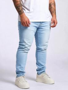 ROMWE MEN Casual بنطلون جينز رجالي مقاس كبير كاجوال متعدد الاستخدامات للاستخدام اليومي مع جيوب وأزرار - أزرق فاتح - مشاهدة 1
