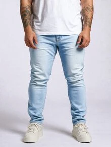 ROMWE MEN Casual بنطلون جينز رجالي مقاس كبير كاجوال متعدد الاستخدامات للاستخدام اليومي مع جيوب وأزرار - أزرق فاتح - مشاهدة 2