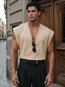 SIGLOCORE Men's Solid Color Deep V-Neck Casual Versatile Everyday Top - Khaki - View 1
