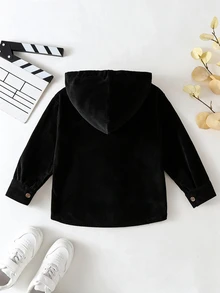 SHEIN 男童時尚休閒連帽外套，口袋翻蓋設計，燈芯絨夾克，適合日常休閒、外出、上學及各種場合，春秋季穿著 - 黑色 - 查看 3