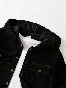 SHEIN 男童時尚休閒連帽外套，口袋翻蓋設計，燈芯絨夾克，適合日常休閒、外出、上學及各種場合，春秋季穿著 - 黑色 - 查看 4