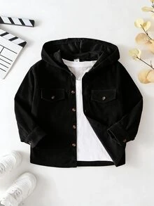 SHEIN 男童時尚休閒連帽外套，口袋翻蓋設計，燈芯絨夾克，適合日常休閒、外出、上學及各種場合，春秋季穿著 - 黑色 - 查看 2