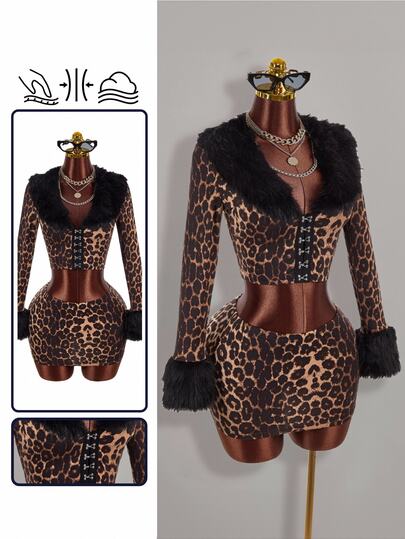 Amplova Women's Leopard Print & Fur Trim 2-Piece Set, Sexy Avant-Garde Ultra Low Waist Skirt, Fur Trim Cuffs, Fitted Button-Front Top, Suitable For Date Night