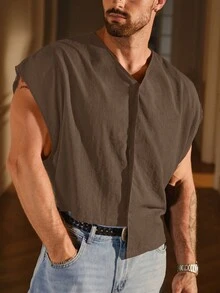 SIGLOCORE Men's Summer Casual Solid Color Wide Tank Top - Brown - View 3