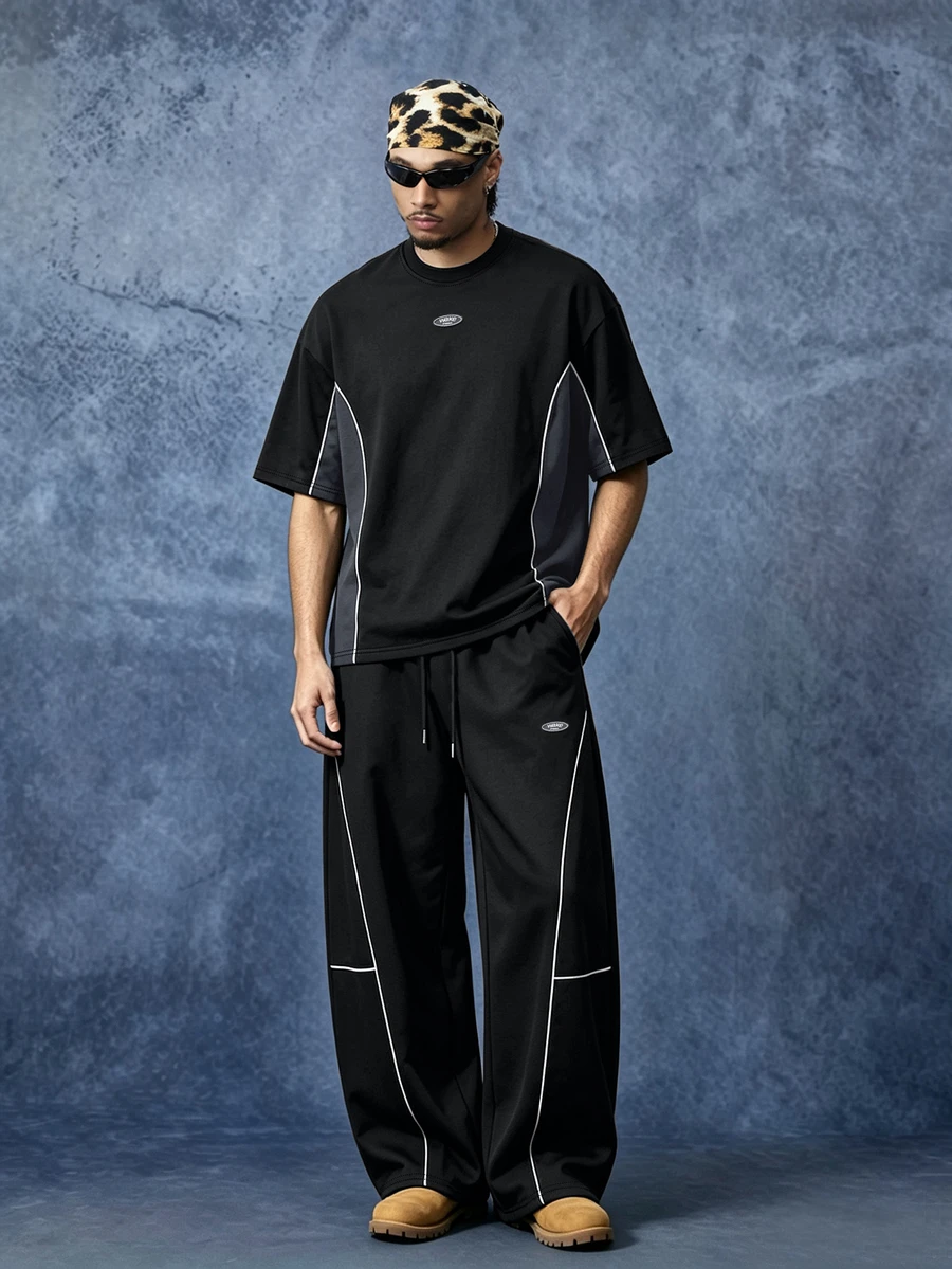 PAVTROS Men's Summer Sport‑Spliced T‑Shirt Set, Car‑Logo Accents, Perfect Millennium‑Theme Gift For Halloween Christmas Holiday Vacation Black Streetwear - Multicolor - View 1