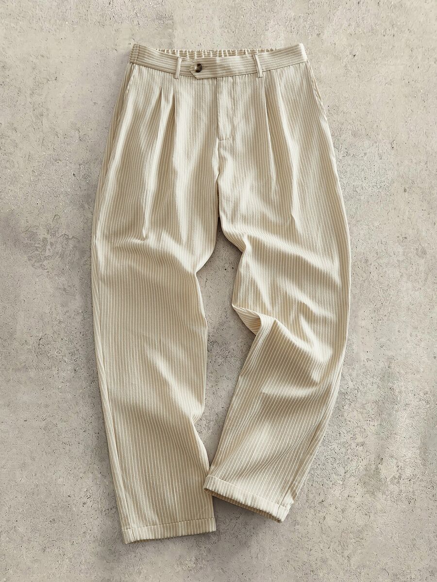 Manfinity RebelGame Men's Casual Woven Elastic Waist Vertical Striped Tapered Cropped Pants Vacation Blue And White Striped Autumn - Khaki - View 1