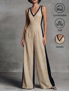 SHEIN Women's Summer Clothing, Deep V-Neck Spaghetti Strap Classic Color Block Design Jumpsuit, Faux Linen Fabric, Elegant Casual, White Top, Pants, Beige - Apricot - View 3