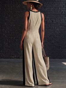 SHEIN Women's Summer Clothing, Deep V-Neck Spaghetti Strap Classic Color Block Design Jumpsuit, Faux Linen Fabric, Elegant Casual, White Top, Pants, Beige - Apricot - View 2