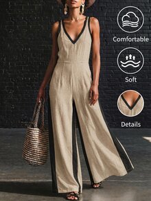 SHEIN Women's Summer Clothing, Deep V-Neck Spaghetti Strap Classic Color Block Design Jumpsuit, Faux Linen Fabric, Elegant Casual, White Top, Pants, Beige - Apricot - View 1