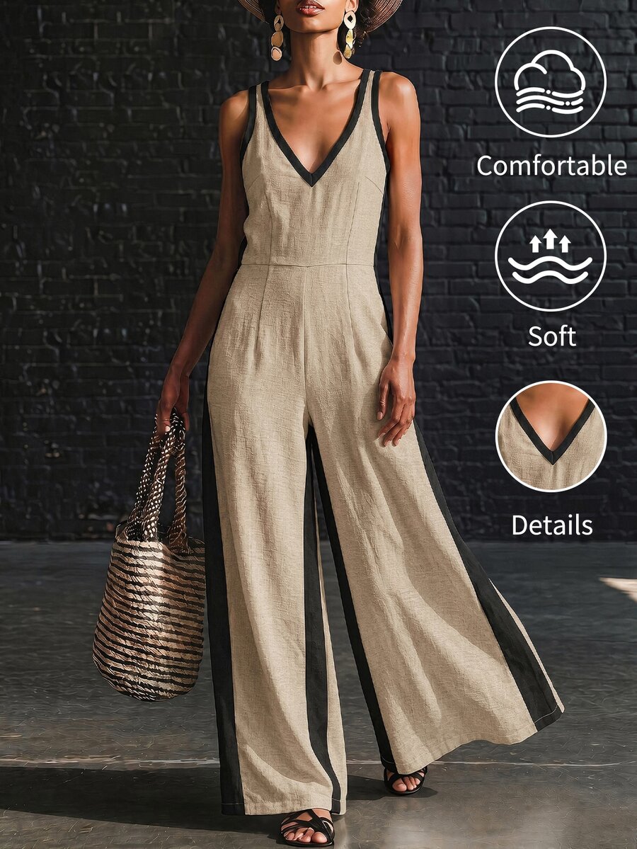 SHEIN Women's Summer Clothing, Deep V-Neck Spaghetti Strap Classic Color Block Design Jumpsuit, Faux Linen Fabric, Elegant Casual, White Top, Pants, Beige - Apricot - View 1