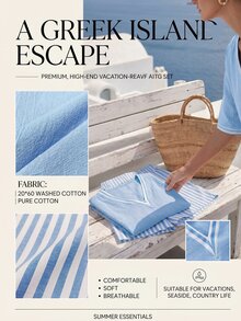 SHEIN Holidaya 夏季純棉V領無袖對比飾邊上衣 + 優雅熱帶休閒條紋短褲 2件套女裝，水藍色、藍白配色 - 藍色 - 查看 7