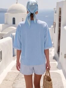 SHEIN Holidaya 夏季純棉V領無袖對比飾邊上衣 + 優雅熱帶休閒條紋短褲 2件套女裝，水藍色、藍白配色 - 藍色 - 查看 3