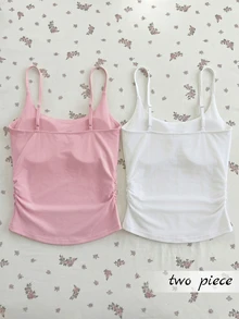 SHEIN Franclia Women's 2 Pieces Tank Top Set With Cups, Summer Tank Tops, Summer Tops, White Top, Yellow Top, White Tank Top, Yellow Tank Top, Women's Summer Clothing, Women's Commuter Wear, Student Wear, Inner Layer Tank Top, Elegant Women's Clothing, Y2K Clothing - Multicolor - View 6